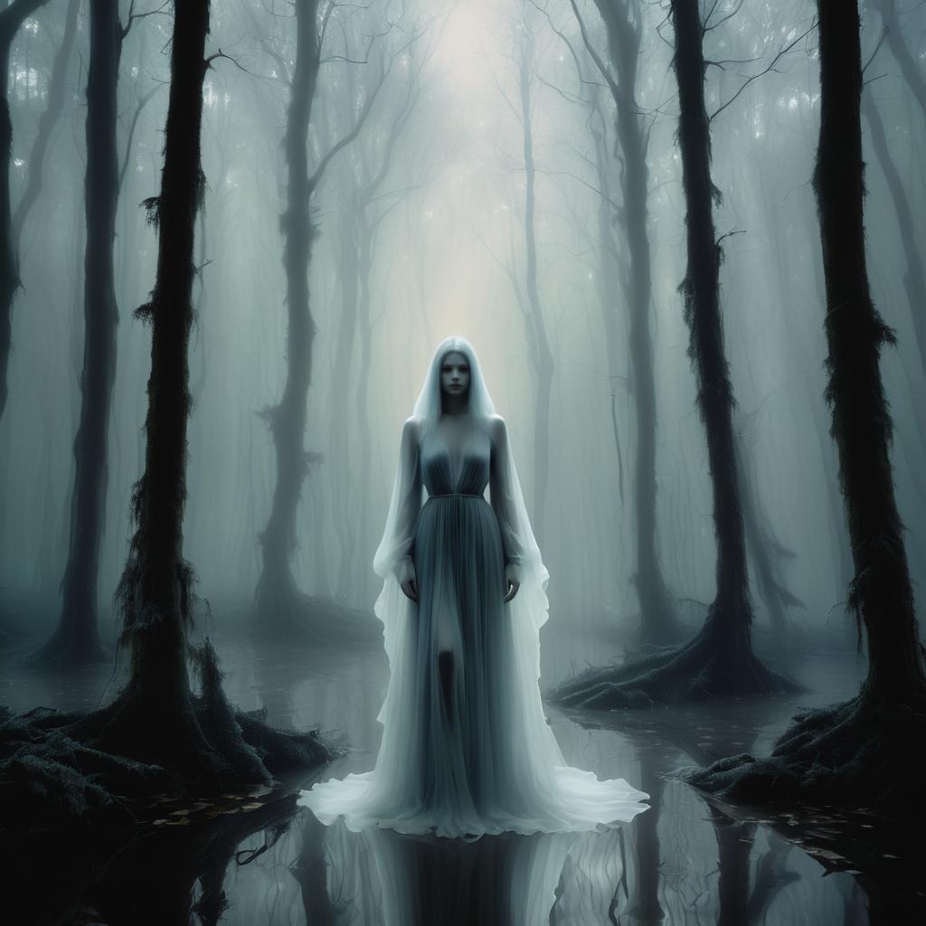 Eerie Ghostly Figure in Misty Forest