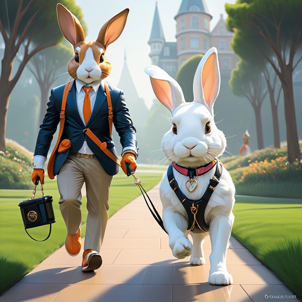 Anthropomorphic Rabbit Walking Dog Artwork