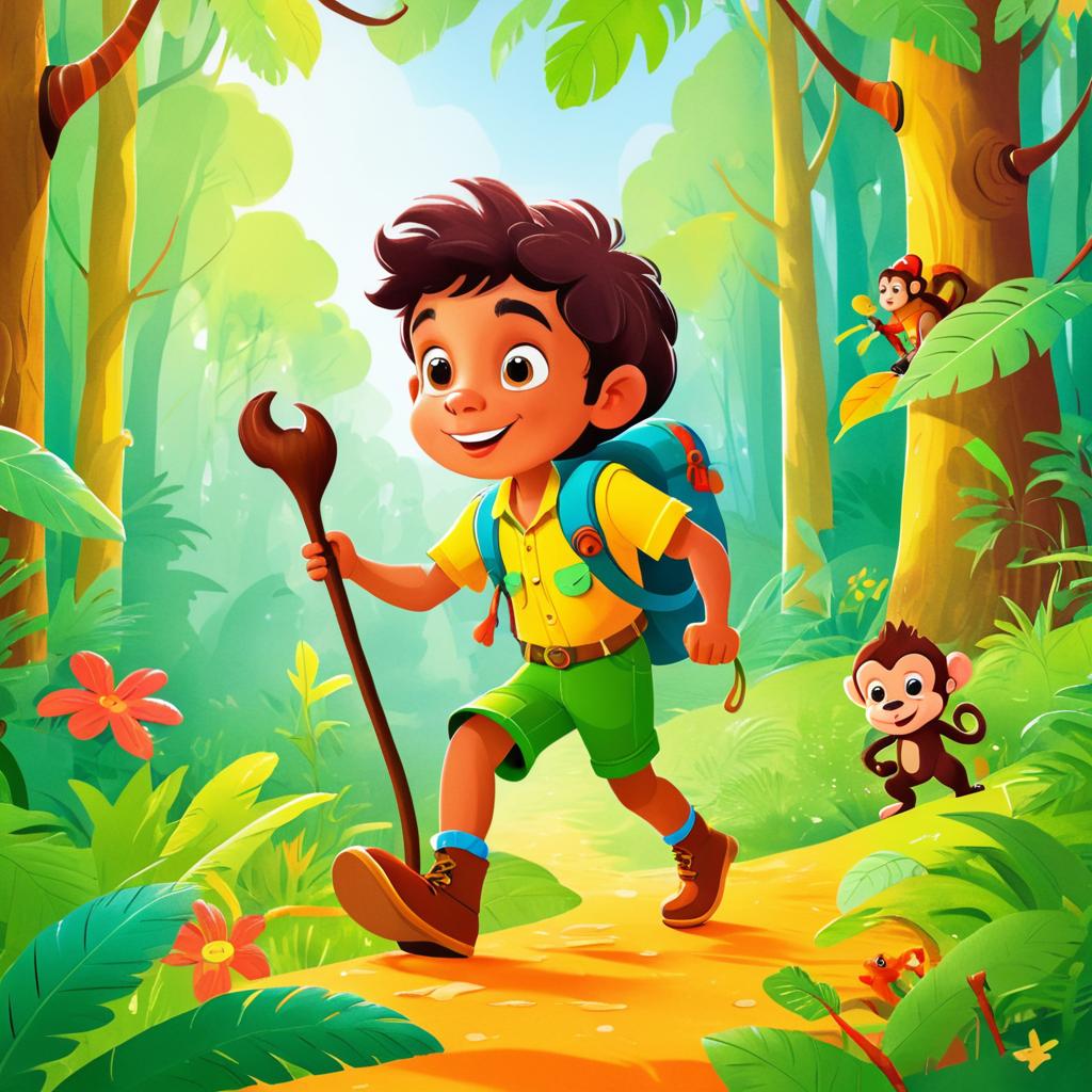 Adventurous Explorer and Monkey in Colorful Forest