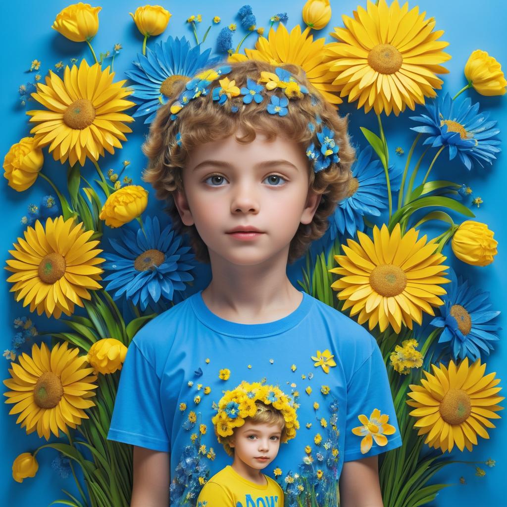 Vibrant Boy Portrait with Cartoon Flowers