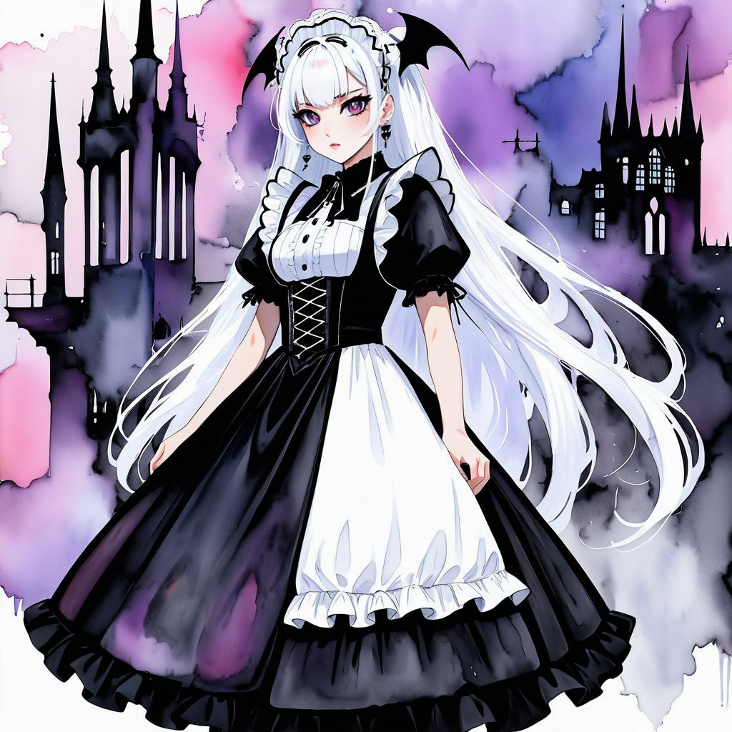 Delighted Gothic Maid in Watercolor Setting