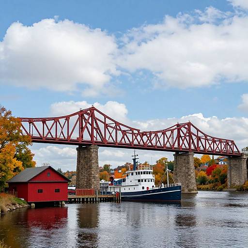 Historic Red Steel Truss Bridge Scene
