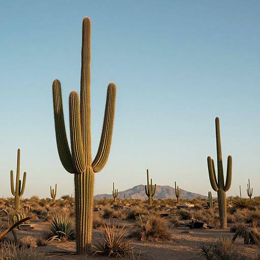 Photograph of a desert landscape at sunset, featuring tall, green saguaro cacti with multiple arms, scattered yucca plants, and