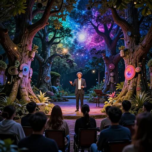 Photograph of a speaker standing on a colorful, illuminated forest-themed stage, surrounded by audience members, with vibrant trees and cosmic lights in the background.