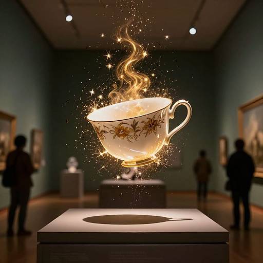 Photograph of a glowing, floral-patterned teacup with sparkling flames, suspended above a white pedestal in an art gallery, silhouetted