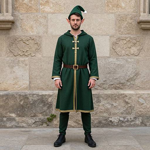 Photograph of bearded man with pointed elf ears, wearing green medieval-style tunic, black pants, and boots, standing against stone wall.