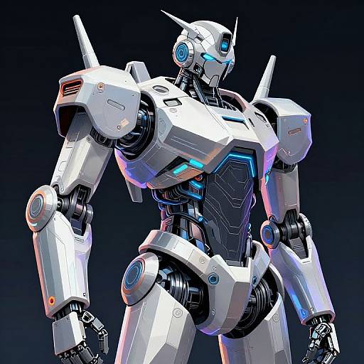 Digital CGI of a white, glowing blue-accented, humanoid robot with sharp armor plating and glowing eyes, set against a dark gradient background.