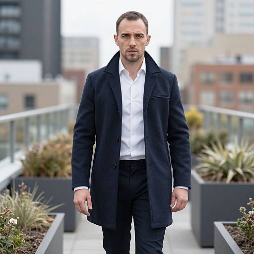 Photograph of a serious, middle-aged Caucasian man with short dark hair, wearing a black coat, white shirt, and black pants, standing on a