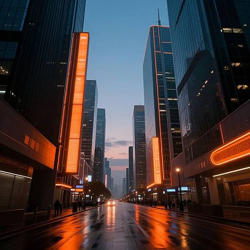 Photograph of a rainy urban street at dusk, featuring tall, reflective skyscrapers with neon orange lights, wet pavement, and a blue-to-p