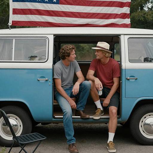 Two Men in Blue Vintage Van