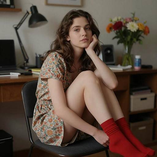 Woman Sitting in Floral Dress and Red Socks