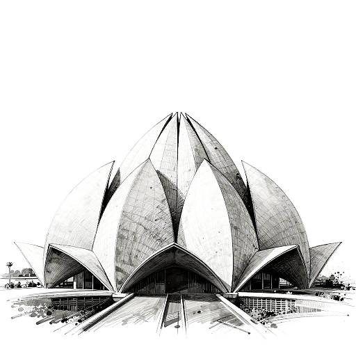 Abstract Black-and-White Lotus Temple Sketch