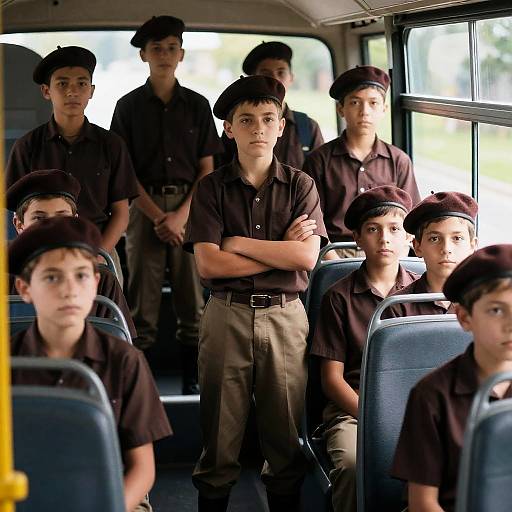 Sunlit Bus Journey with Schoolboys