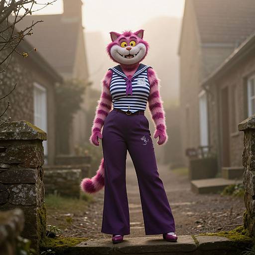 CGI image of a pink-striped anthropomorphic cat in a blue-striped tank top and purple pants, standing confidently on a misty, cobblestone