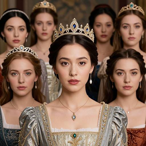 Photorealistic digital image of six young women with fair skin, wearing ornate gold tiaras and medieval-style dresses, with a central woman in silver