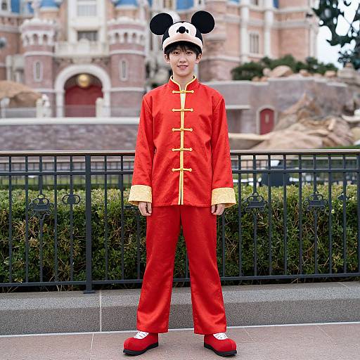 Photograph of a young boy in a red Mickey Mouse outfit with yellow buttons and black mouse ears, standing in front of a Disney castle. He wears