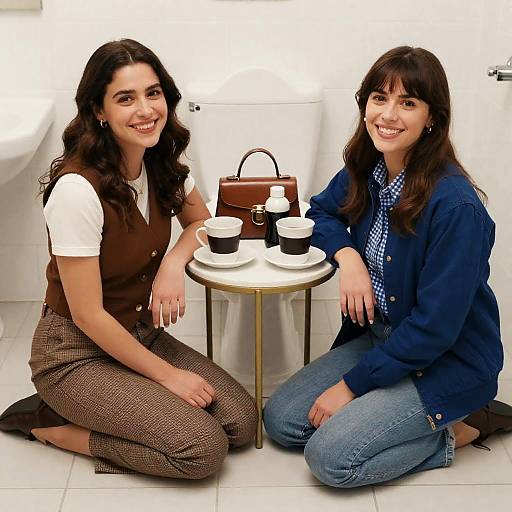 Two women enjoying coffee on bathroom floor