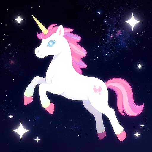 Digital illustration of a glowing white unicorn with pink mane and tail, yellow horn, and pink hooves, leaping in a starry, dark blue