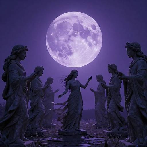 Photograph of silhouetted classical statues under a bright, full moon, with a purple twilight sky. Statues appear to dance, creating a