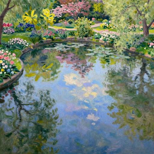 Vibrant, impressionist-style painting of a serene garden pond reflecting colorful flowers, greenery, and trees, with a gentle, curving edge
