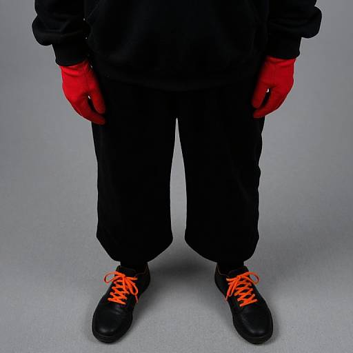 Photograph of a person in black pants and jacket, red gloves, and black shoes with bright orange laces, standing against a plain gray background.