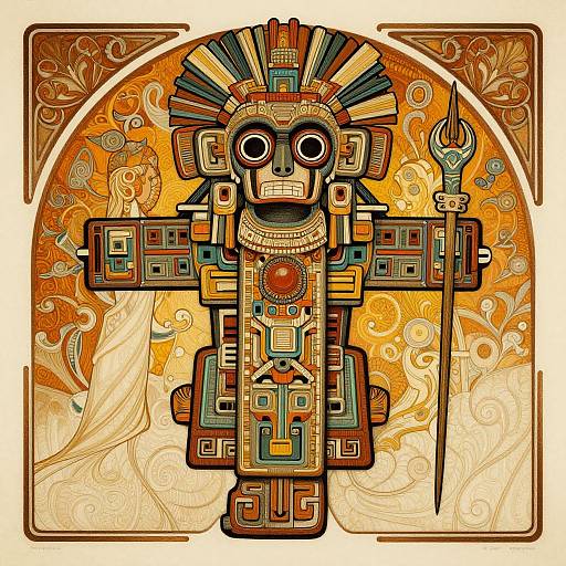 Digital art of an Aztec-inspired, intricately detailed, geometric mask with a headdress, holding a staff, set against an orange, swirling floral