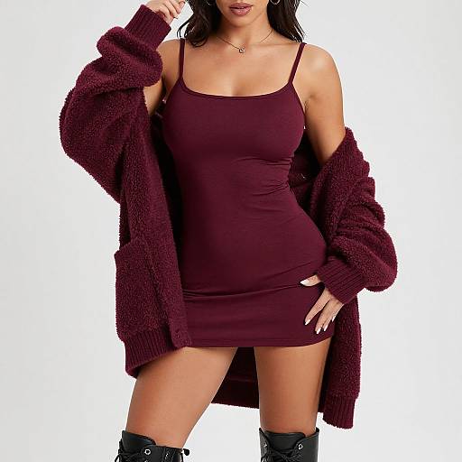 Photograph of a woman with tan skin, wearing a tight maroon mini dress, matching cardigan, black thigh-high boots, and hoop earrings,