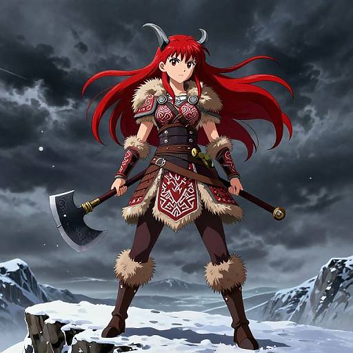 Digital anime-style drawing of a red-haired female warrior with horns, holding an axe, standing on snowy mountains with a dark, stormy sky. She