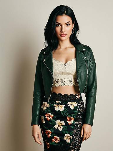 Woman in Edgy Chic Outfit with Leather Jacket and Floral Skirt
