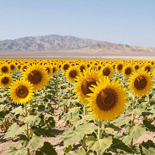 Photograph of vibrant sunflower field with bright yellow flowers and green leaves, stretching towards distant mountains under a clear blue sky.