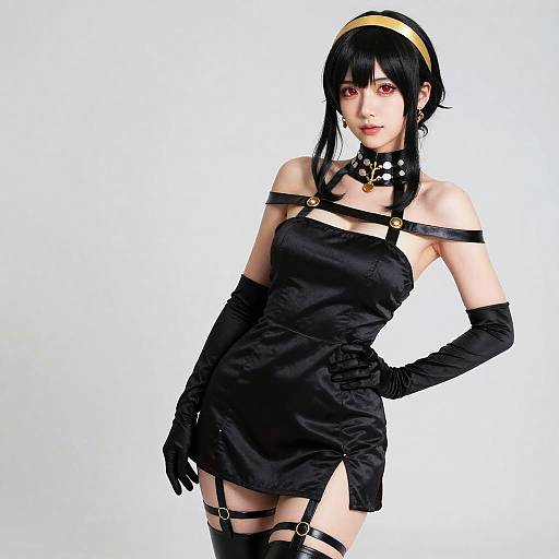 Woman in Black Dress with Gold Hairband