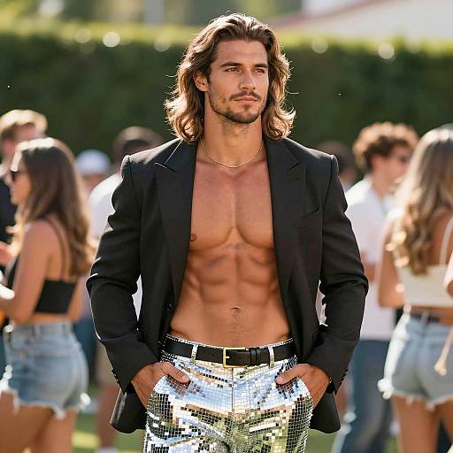 Muscular man in disco-themed outfit at outdoor party