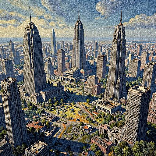 Aerial photograph of a vibrant urban skyline featuring three tall, rectangular skyscrapers with spires, surrounded by a dense cityscape of buildings and green