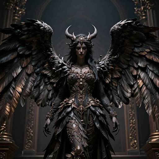 Digital artwork of a dark, imposing female demon with large black wings, intricate gold armor, and horns, standing in a dimly lit, ornate