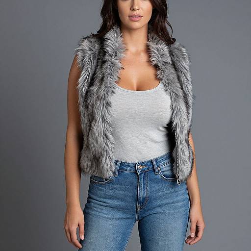 Photograph of a woman with long dark hair, wearing a white tank top, blue jeans, and a grey faux fur vest, against a grey background