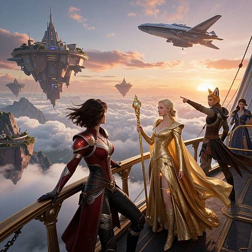 Digital artwork of a sunset scene on a cloud city, featuring two armored warriors, a golden-robed woman with a staff, and a fox-eared