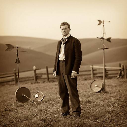 Sepia-toned photograph of a serious, light-haired man in a black suit and white shirt standing in a grassy field with two weather vanes