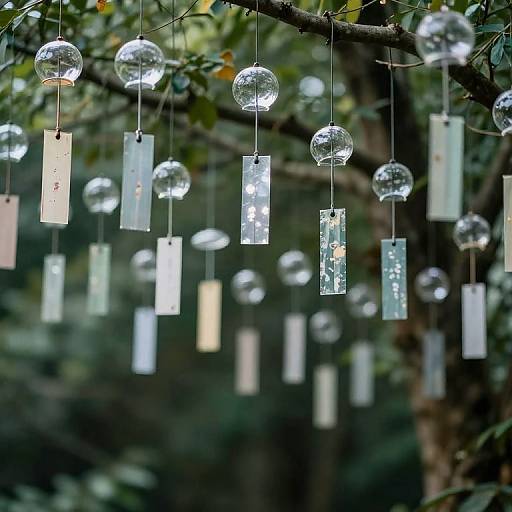 Photograph of hanging glass spheres and rectangular prism lights suspended from a tree branch in a lush, green forest.