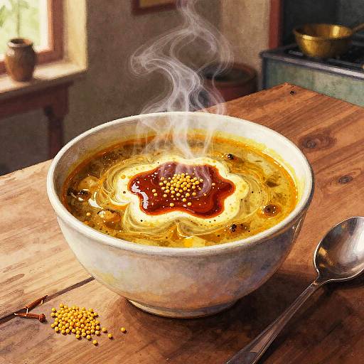 Photograph of a steaming bowl of yellow soup with a red sauce swirl, topped with yellow lentils, on a wooden table with a spoon.