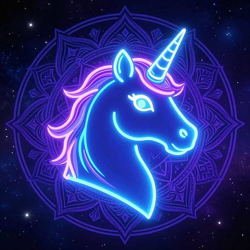 Neon blue and purple glowing unicorn head with a horn, outlined mandala pattern, and starry background in digital art style.