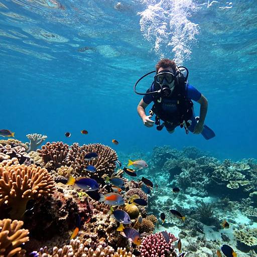 Scuba diver in blue gear explores vibrant coral reef with colorful fish, underwater sunlight filtering through clear blue ocean water. Photographic image.