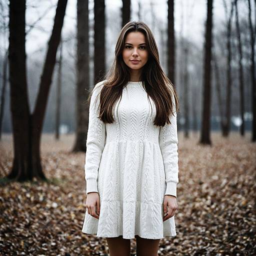 Young Woman in White Winter Dress Outdoors