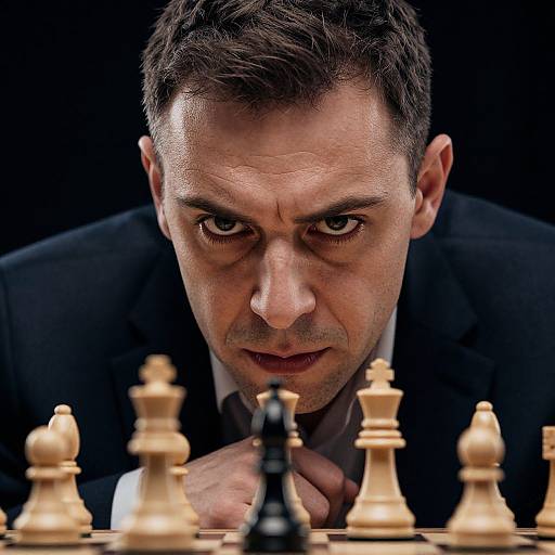 Photograph of intense, dark-haired man in black suit, staring at chessboard with white and black pieces, focused on black pawn.