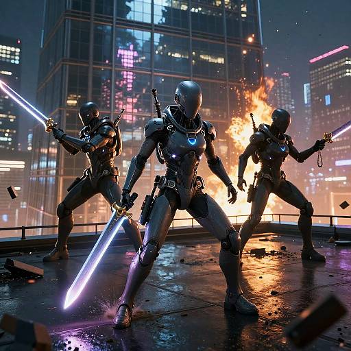Three armored, futuristic warriors with glowing swords stand in a neon-lit, burning cityscape, ready for battle. Digital artwork.