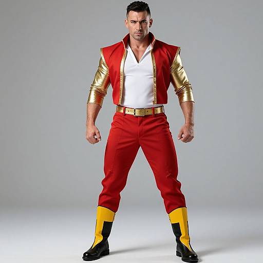 Photograph of a muscular man with short black hair, wearing a red and gold superhero costume with red pants, white shirt, gold sleeves, yellow knee