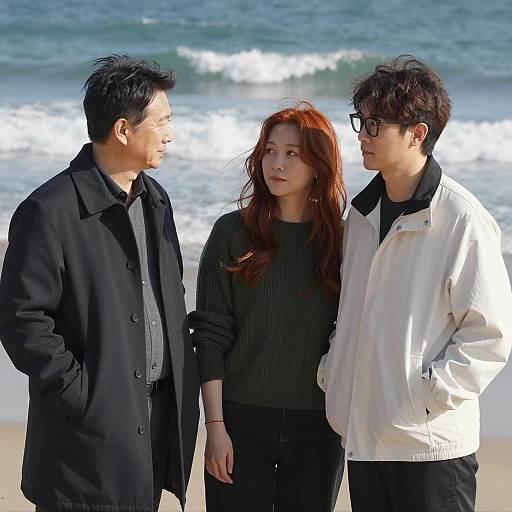 Three people standing by ocean shore