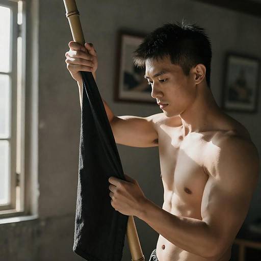 Focused Strength: Asian Man with Bamboo Pole