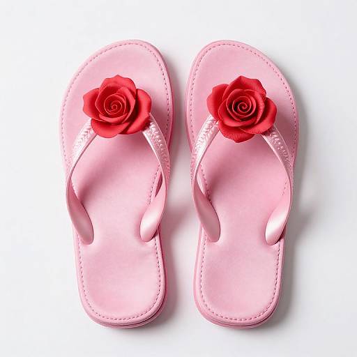 Photograph of pink children's flip-flops with red rose embellishments on top, positioned side by side on a white background.