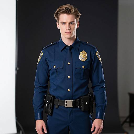 Photograph of a handsome, young, Caucasian male police officer in a navy uniform with gold badge, black belt, and serious expression. Dark background,