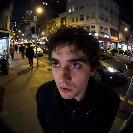Photograph of a young man with disheveled dark hair, wide eyes, and a serious expression, standing on a nighttime urban street with lit buildings